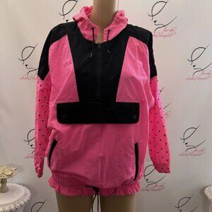 Paris Sport Club Hoodie. Size S. Hot Pink w Black. Nylon. 3 Zip Pockets. B75